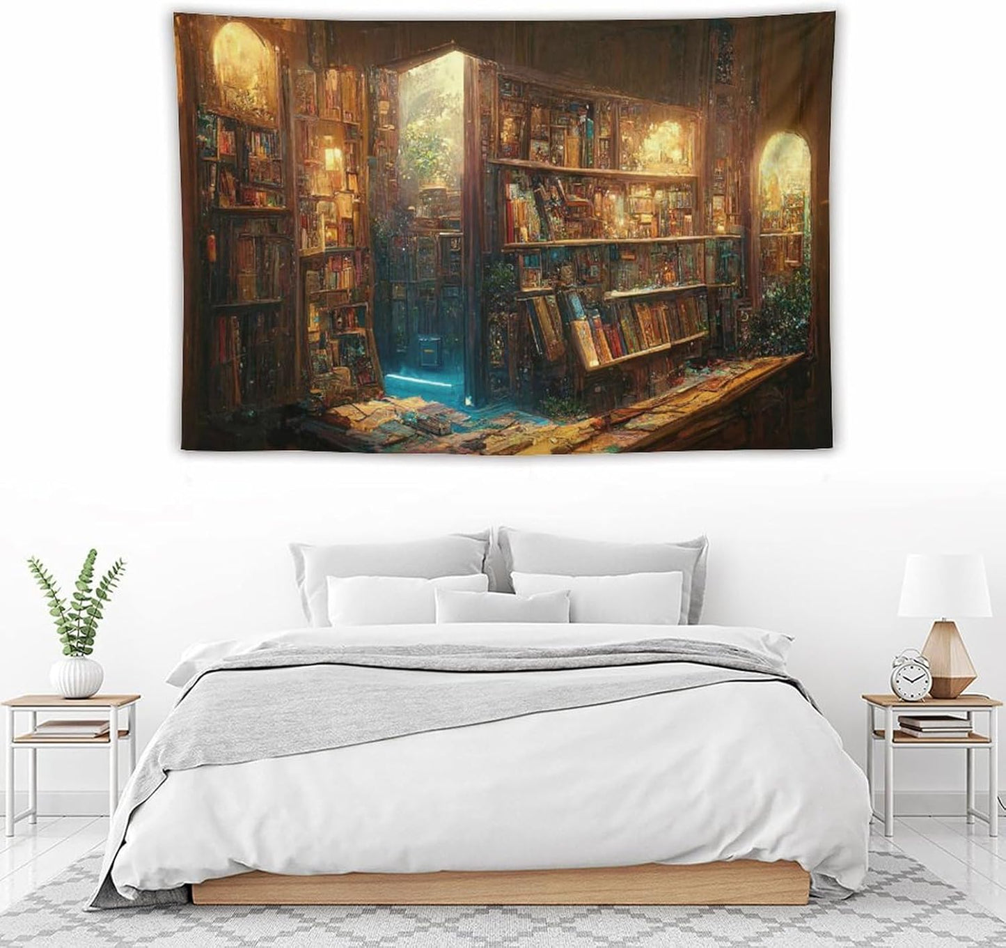 Kurtect Bookshelf Tapestry,Vintage Style Library Watercolor Art Theme Pattern Print Tapestries for Party Beach Picnic Blankets Tablecloths Living Room Wall Deocr, 40x60 in
