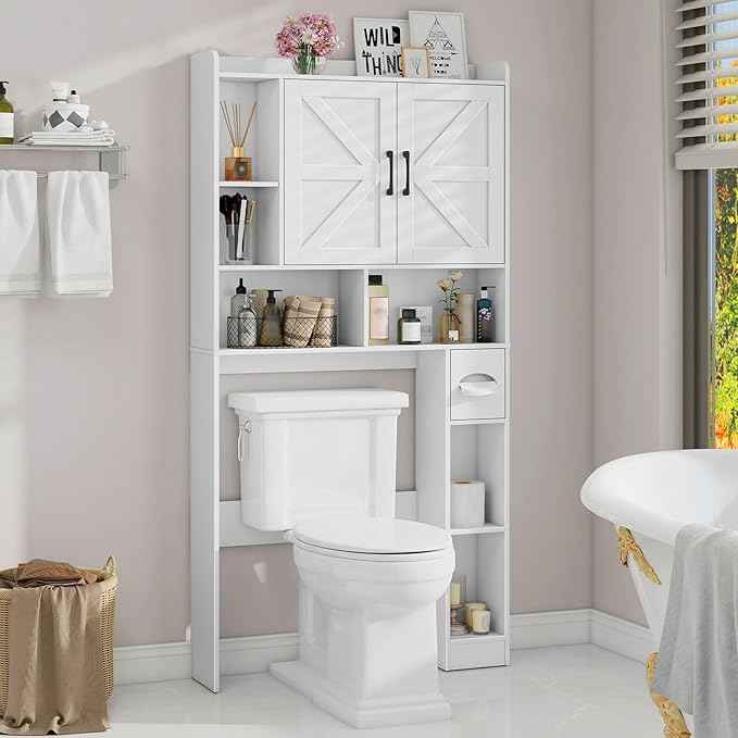 Vabches Over The Toilet Storage Cabinet, Farmhouse Storage Cabinet Over Toilet with 2 Barn Door & Toilet Paper Holder Stand,Home Space-Saving Toilet Rack, for Bathroom, Restroom, Laundry
