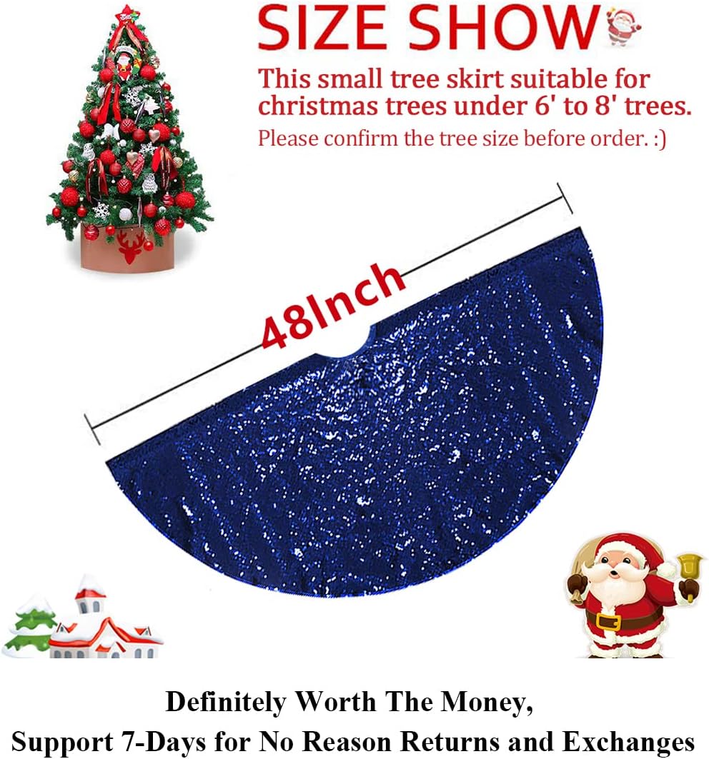 Partisout 48in Navy Blue Sequin Tree Skirt Glitter Colorful Christmas Skirts for Halloween Holiday Celebration Supplies