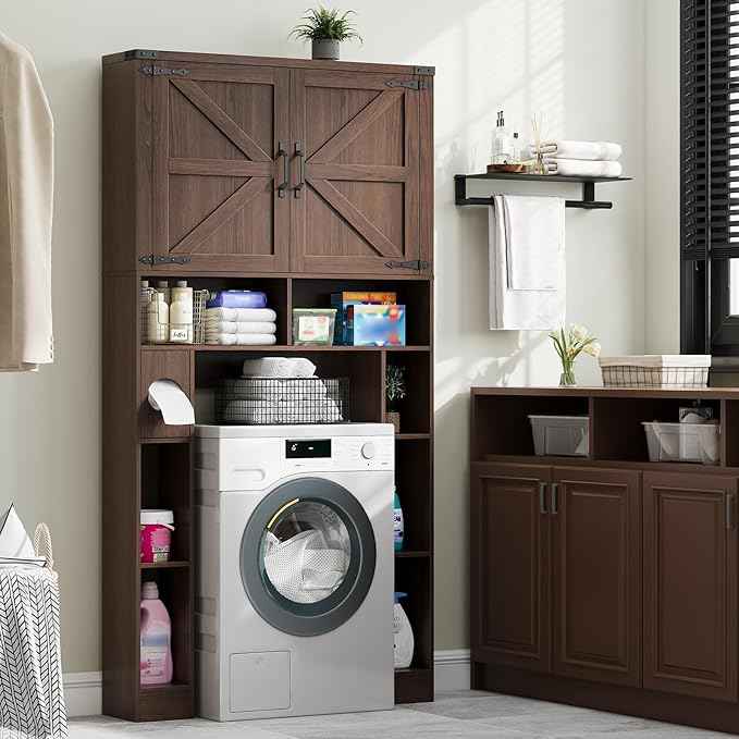 Vabches Over The Toilet Storage Cabinet, Farmhouse Storage Cabinet Over Toilet with 2 Barn Doors ,Toilet Paper Holder Stand,Home Space-Saving Toilet Rack, for Laundry, Restroom, Bathroom.Espresso.