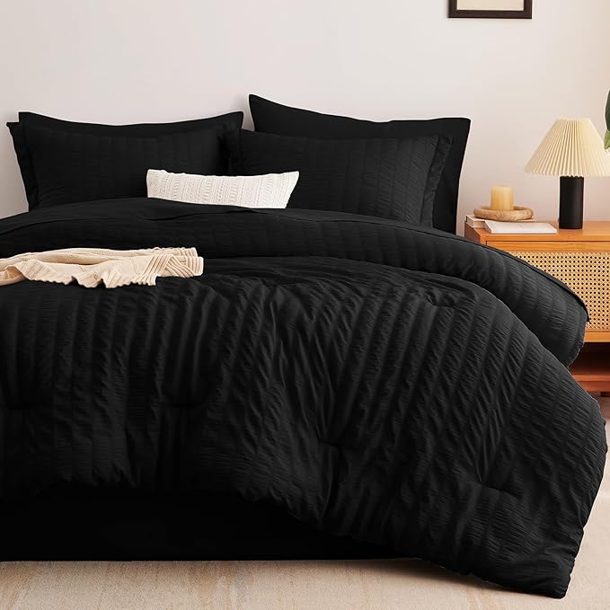 CozyLux California King Comforter Set with Sheets 7 Pieces, Black Seersucker Bed in a Bag Cal King Luxury Soft Bedding Sets with Down Alternative Comforter, Sheets, Pillowcases & Shams for All Season