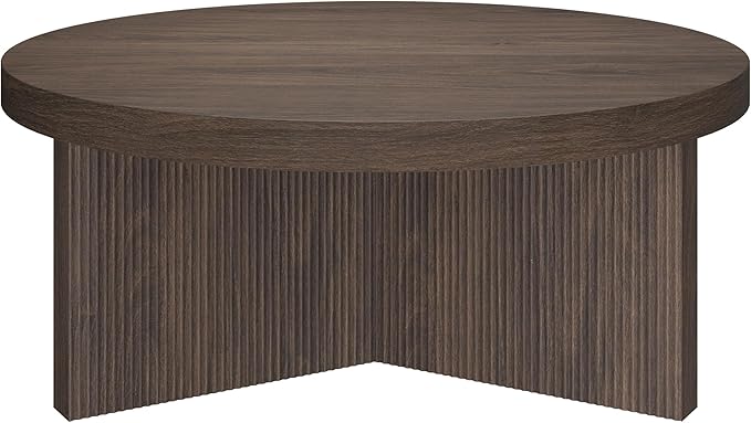 Henn&Hart 36" Fluted Round Low-Profile Coffee Table with Ribbed Pedestal Base Living Room, Family Room, or Office, Warm Brown