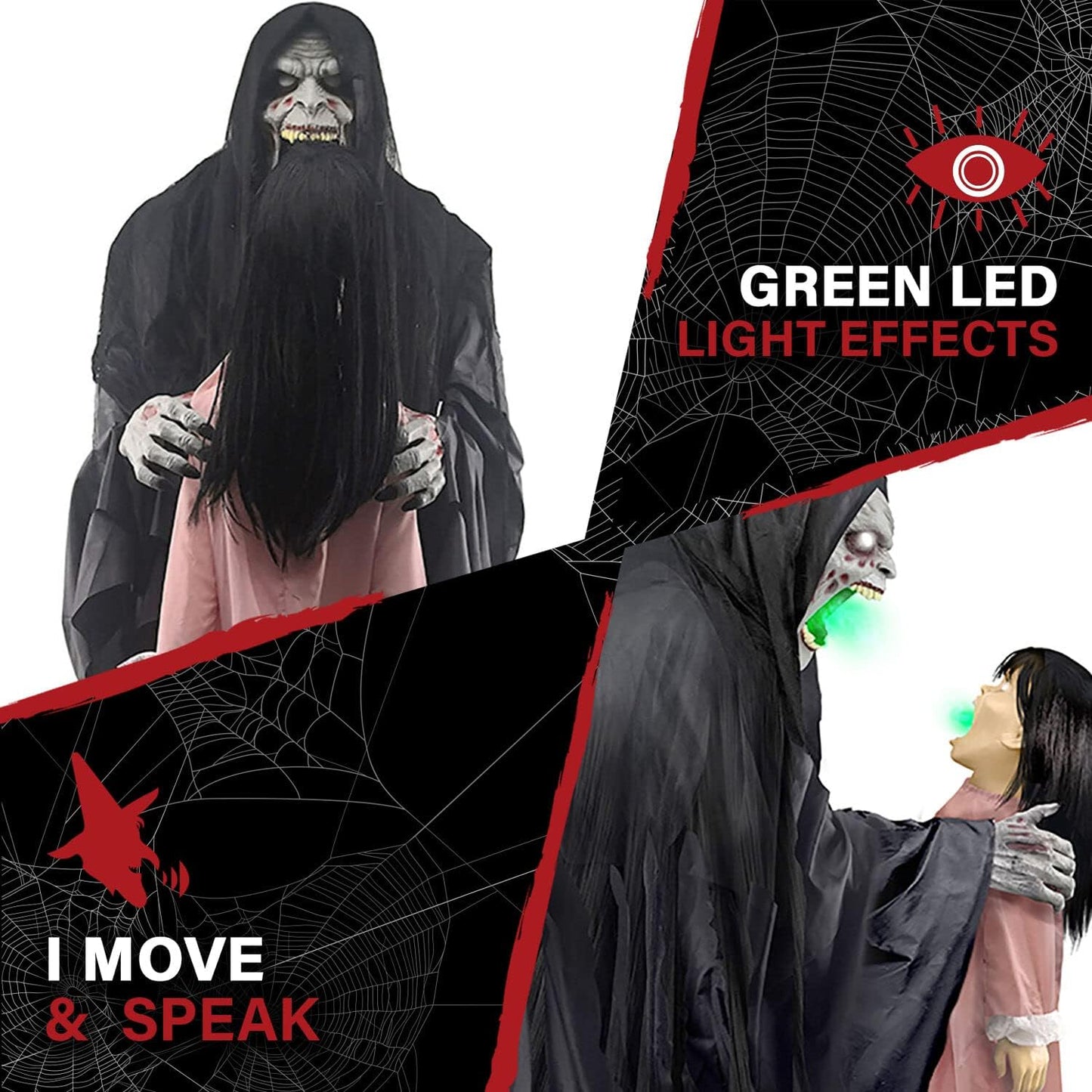 Haunted Hill Farm Soul Sucker Demon Reaper with Child by Tekky, Motion-Activated Talking Halloween Animatronic for Creepy Indoor or Covered Outdoor Halloween Decorations, Plug-in or Battery Operated