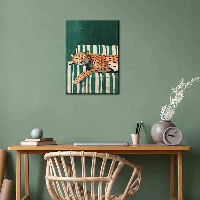 Sleepy Leopard Canvas Wall Art Maximalist Emerald Green Cheetah Wall Decor Pictures Trendy Eclectic Leopard Animal Poster Prints Aesthetic Apartment Dorm Bedroom Home Decoration 12x16in