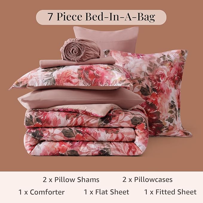 CASAAGUSTO Queen Comforter Set, 7 PCS Red Rose Floral Comforter Set with Flowers Leaves Pattern, Soft Seersucker Design All Season Queen Size Bedding Set(90"X90")