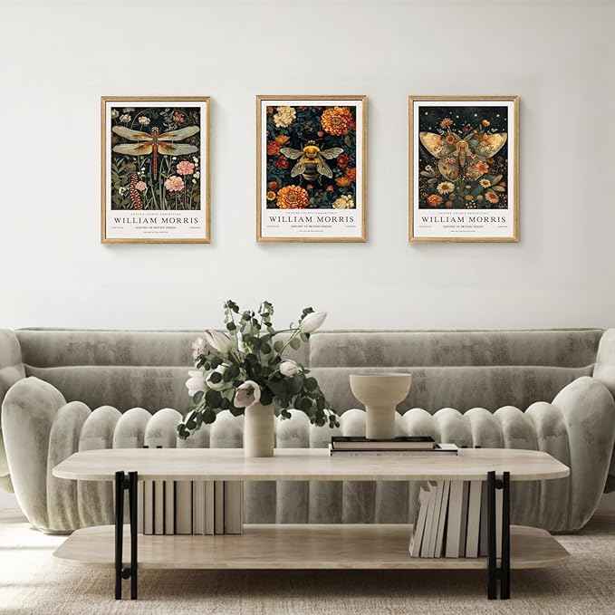 Hianan William Morris Animal Botanical Canvas Wall Art, Vintage Dragonfly Bee Butterfly Poster Prints, Maximalist Nature Flower Aesthetic Pictures for Living Room Bedroom Wood Framed 16"x24"x3