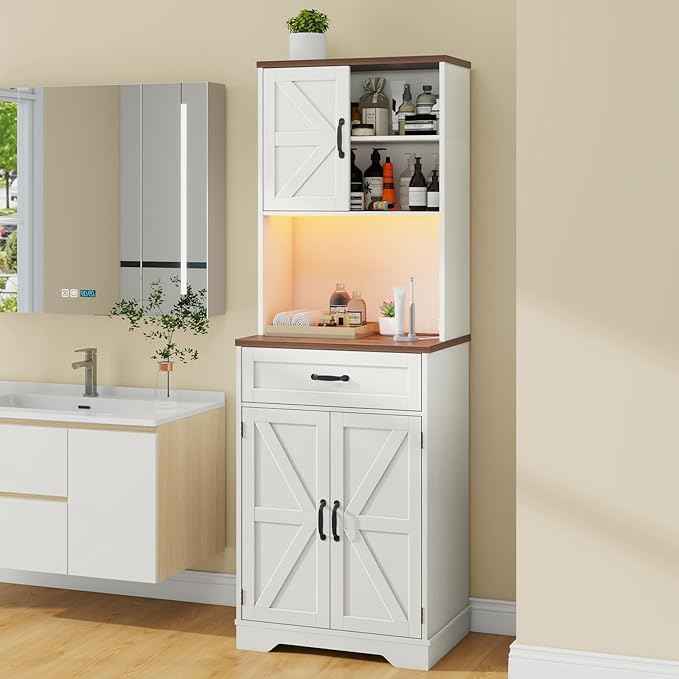 Vabches 68" Farmhouse Storage Cabinet with LED Light & Charging Station, Tall Kitchen Pantry Storage Cabinet with Storage Drawers, Coffee Bar with Hutch for Home Dining Living Room, Rustic White