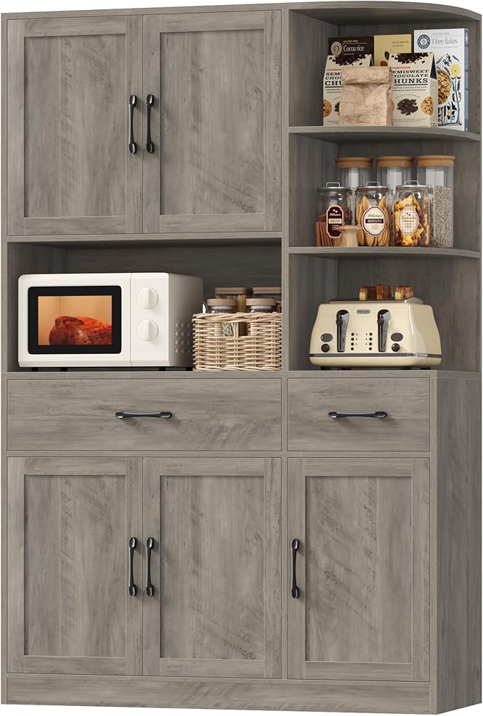 67" Kitchen Pantry Cabinet, Modern Kitchen Hutch with 5 Doors and 2 Drawers, 3-Tier External Shelf, Large Pantry Storage Cabinet with Microwave Stand for Dining Room, Ash Gray
