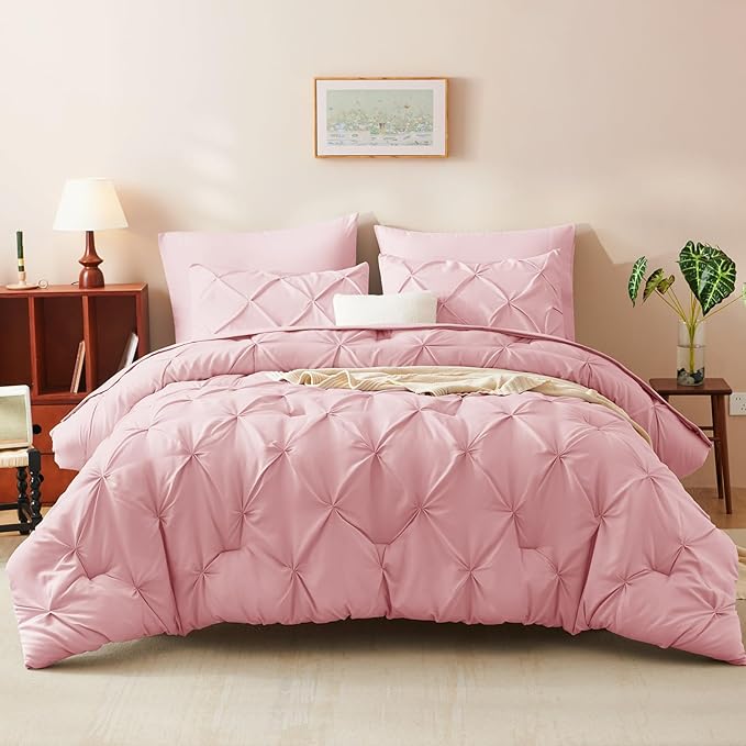 CozyLux King Size Comforter Set Pink, 7 Pieces Pintuck Bed in A Bag Pink Comforter King Size, Pinch Pleat Bedding Set with All Season Comforter, Sheets, Pillowcases & Shams