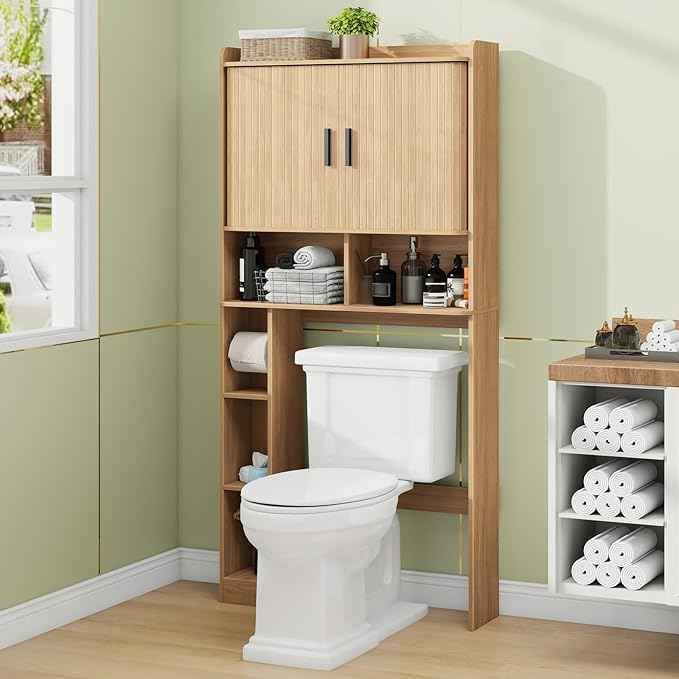 Over The Toilet Storage Cabinet,Farmhouse Toilet Cabinet Rack with 2 Tambour Sliding Doors and Toilet Paper Holder Stand,Toilet Shelf Space Saver with Towel Rack for Bathroom, Restroom, Laundry