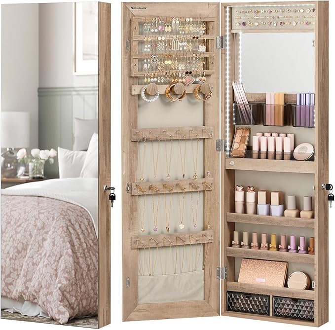 SONGMICS Jewelry Cabinet Armoire Organizer with LED Lights, Wall-Mounted Storage Cabinet with Full-Length Frameless Mirror, Built-in Makeup Mirror, 2 Drawers, Lockable, Camel Brown UJJC013N01