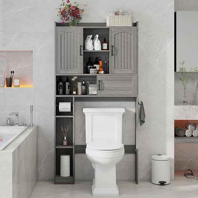Vabches Farmhouse Over The Toilet Storage Cabinet with 2 Barn Doors & Sliding Door, Over The Toilet Bathroom Organizer with Open Storage Layer and Adjustable Shelves & Hooks.Grey