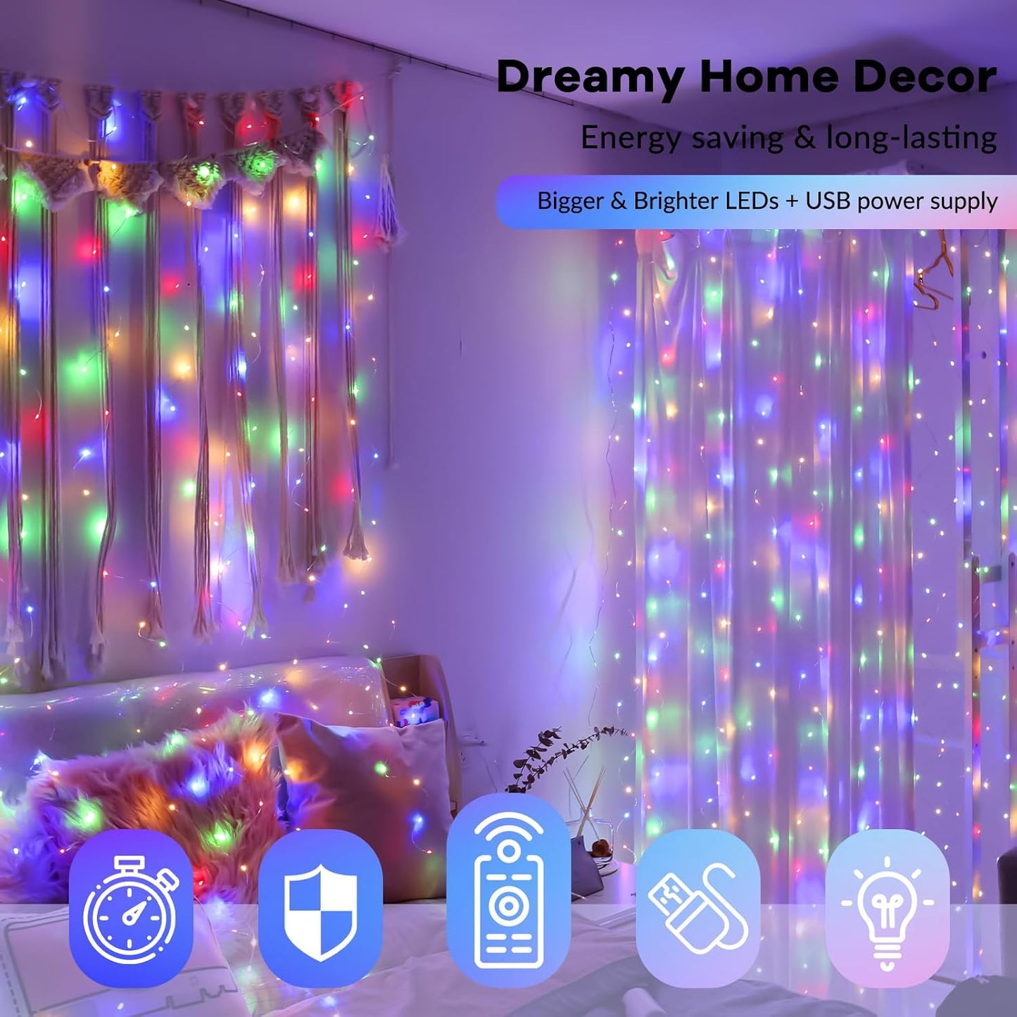 HXWEIYE 300LED Multicolor Fairy Curtain Lights with Remote 8 Modes Timer for Bedroom, 9.8x9.8Ft USB Plug in Christmas Fairy String Hanging Lights for Outdoor, Weddings, Party, Wall, Decorations