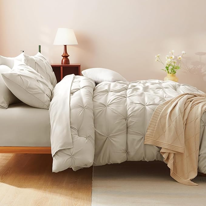 CozyLux Queen Comforter Set Oatmeal, 7 Pieces Pintuck Bed in A Bag, Premium Oatmeal Comforter Queen Size, Pinch Pleat Bedding Sets with Comforter, Sheets, Pillowcases & Shams