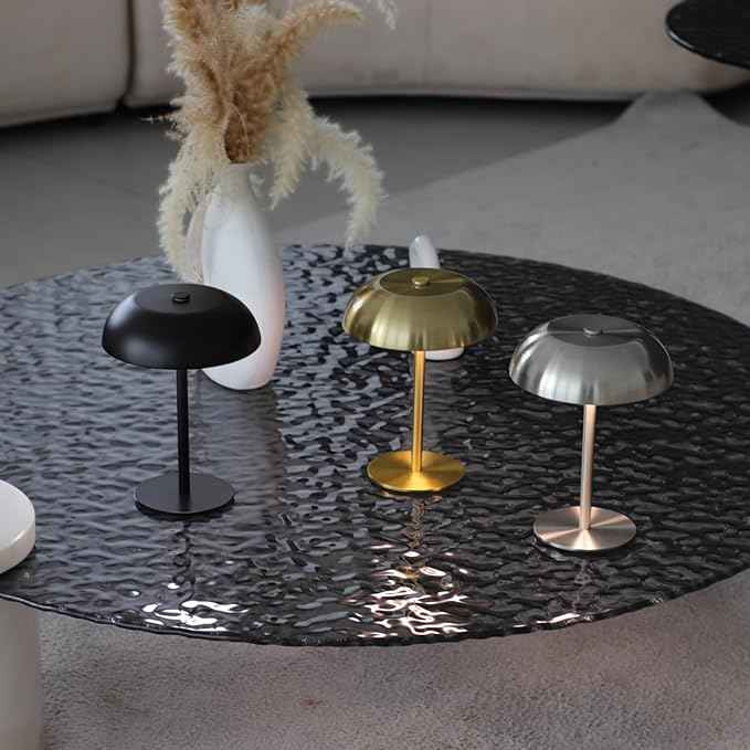 Portable LED Mushroom Table Lamp, 8.46'' Small Cordless Desk Night Light with 5200mAh Rechargeable Battery, Stepless Dimming Lamp with 3 Colors for Bedroom/Bar/Coffee Shop (Silver)