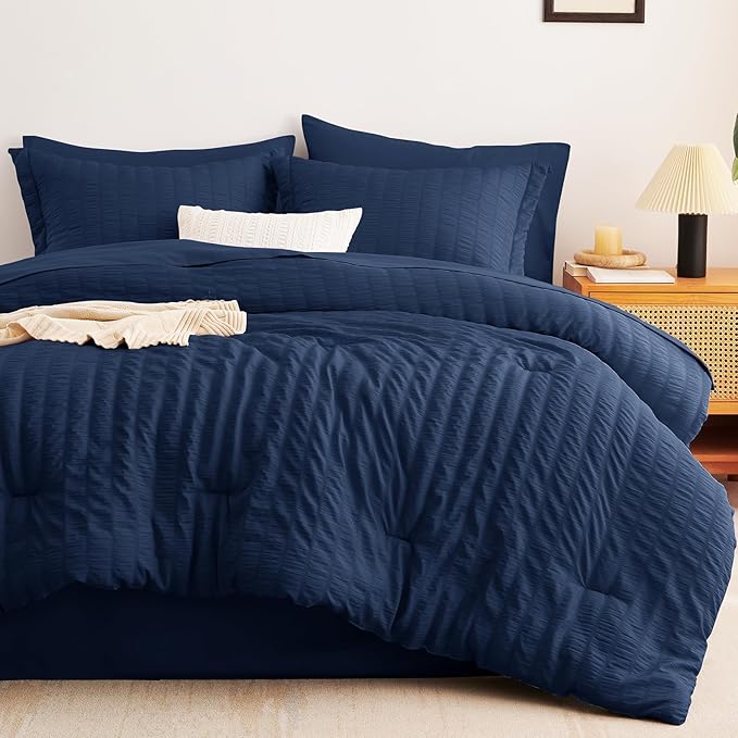 CozyLux King Size Comforter Set Navy Blue Seersucker 7 Pieces Bed in a Bag King Comforter Set with Sheets, Luxury Bedding Set with Down Alternative Comforter, Sheets, Pillowcases & Shams All Seasons