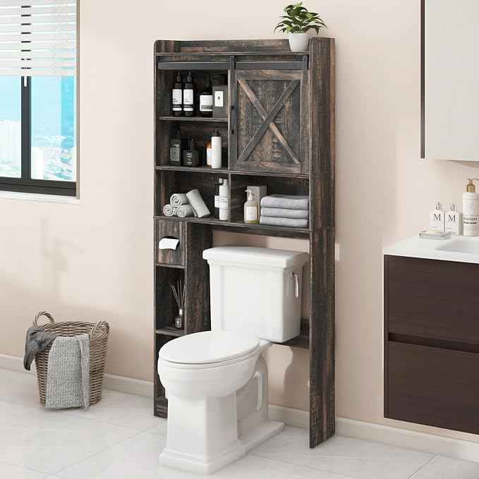 Over The Toilet Storage Cabinet, Farmhouse Storage Cabinet Over Toilet with Sliding Doors & Toilet Paper Holder Stand,Home Space-Saving Toilet Rack, for Bathroom, Laundry(Dark Grey)