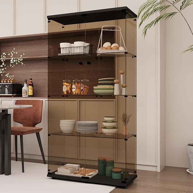 Beauty4U Glass Display Cabinet with 4 Shelves, 2 Doors Curio Cabinets for Living Room, Bedroom, Office, 5mm Brown Tempered Glass Floor Standing Bookshelf, Quick Installation