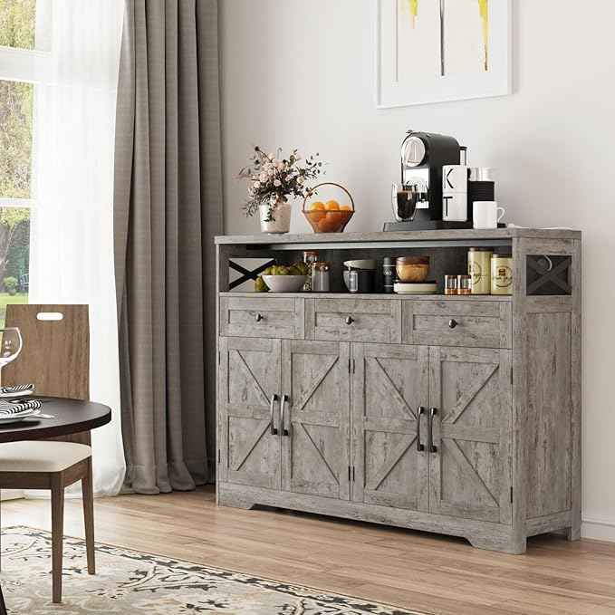 Farmhouse Buffet Cabinet with Drawers & Barn Doors, Sideboard with Storage, Kitchen Pantry Cabinet Hutch, Coffee Bar Station for Kitchen, Livingroom, 52" L, Washed Grey