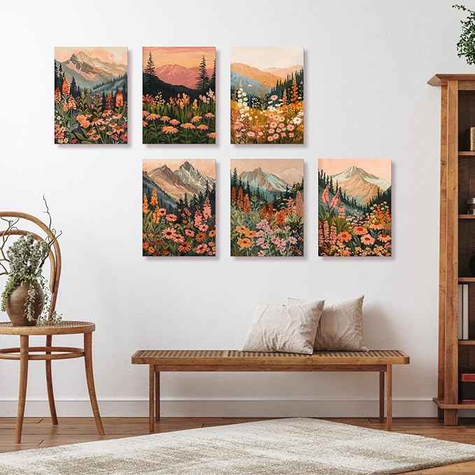 Cyebmo Framed Mountain Wildflower Wall Art Set of 3, Sunset Daisy Flower Wall Decor, Colorful Wildflower Canvas Painting, Nature Botanical Landscape Artwork for Bedroom Living Room 12x16 Inch