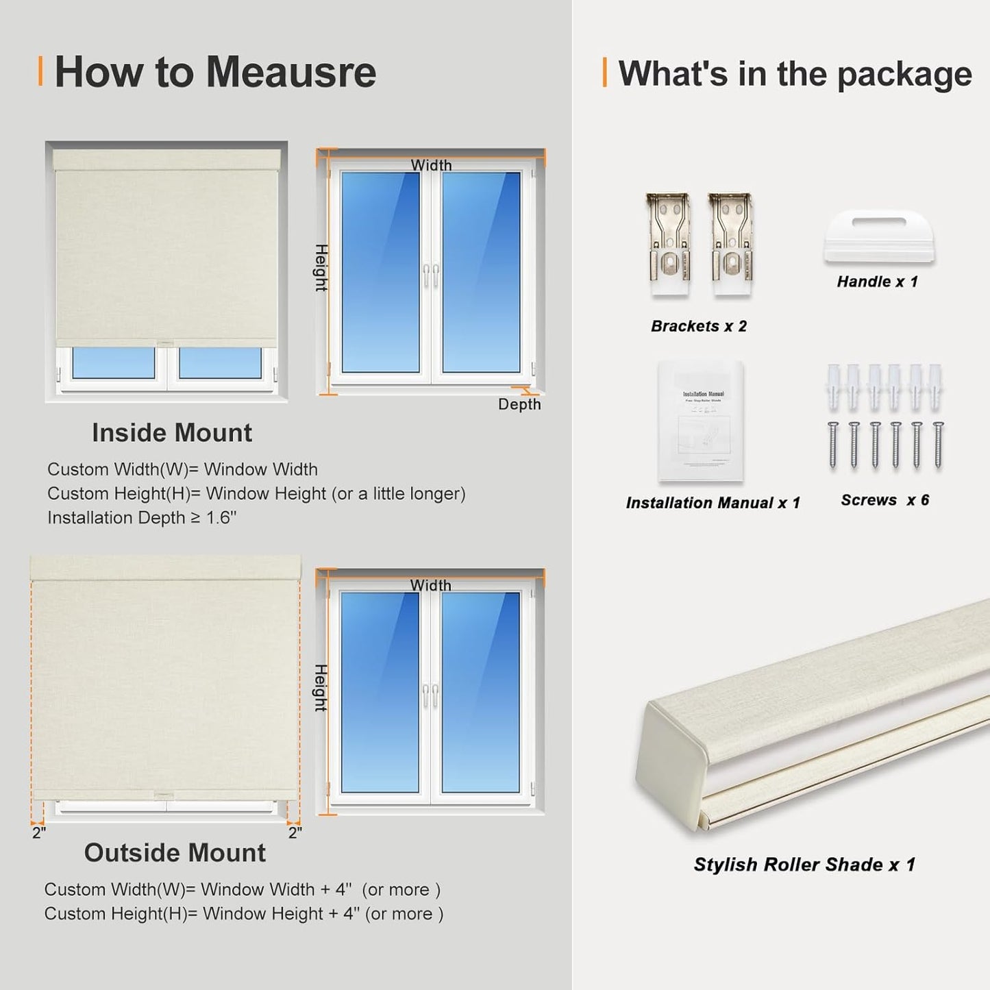 Persilux Blackout Shades for Windows Cordless Roller Blinds, Roller Windows Shades for Home with Fabric Attached Valance, UV Protections Easy Installation for Door/Office, Limestone(15" W x 64" H)