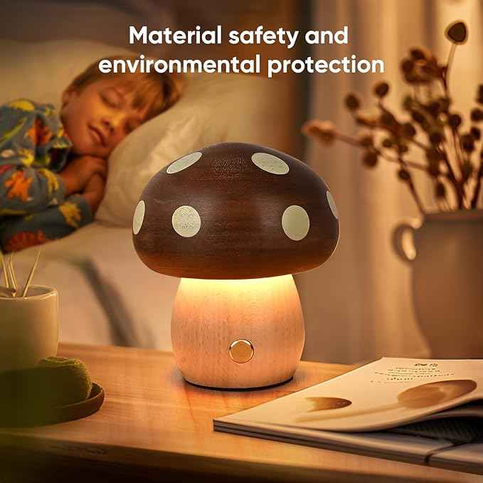 2Pack Wood Small Mushroom Table Lamp, LED Rechargeable Cordless Touch Bedside Lamps, Wireless Stepless Dimming Night Light, Portable Battery Lamp for Bedroom Nightstand for Birthday Gifts