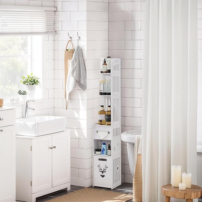 VECELO Storage Cabinet for Small Spaces,Skinny Toilet Paper Holder Stand with 3 Shelves,No Drills, (White, 3Shelf+1Drawer)