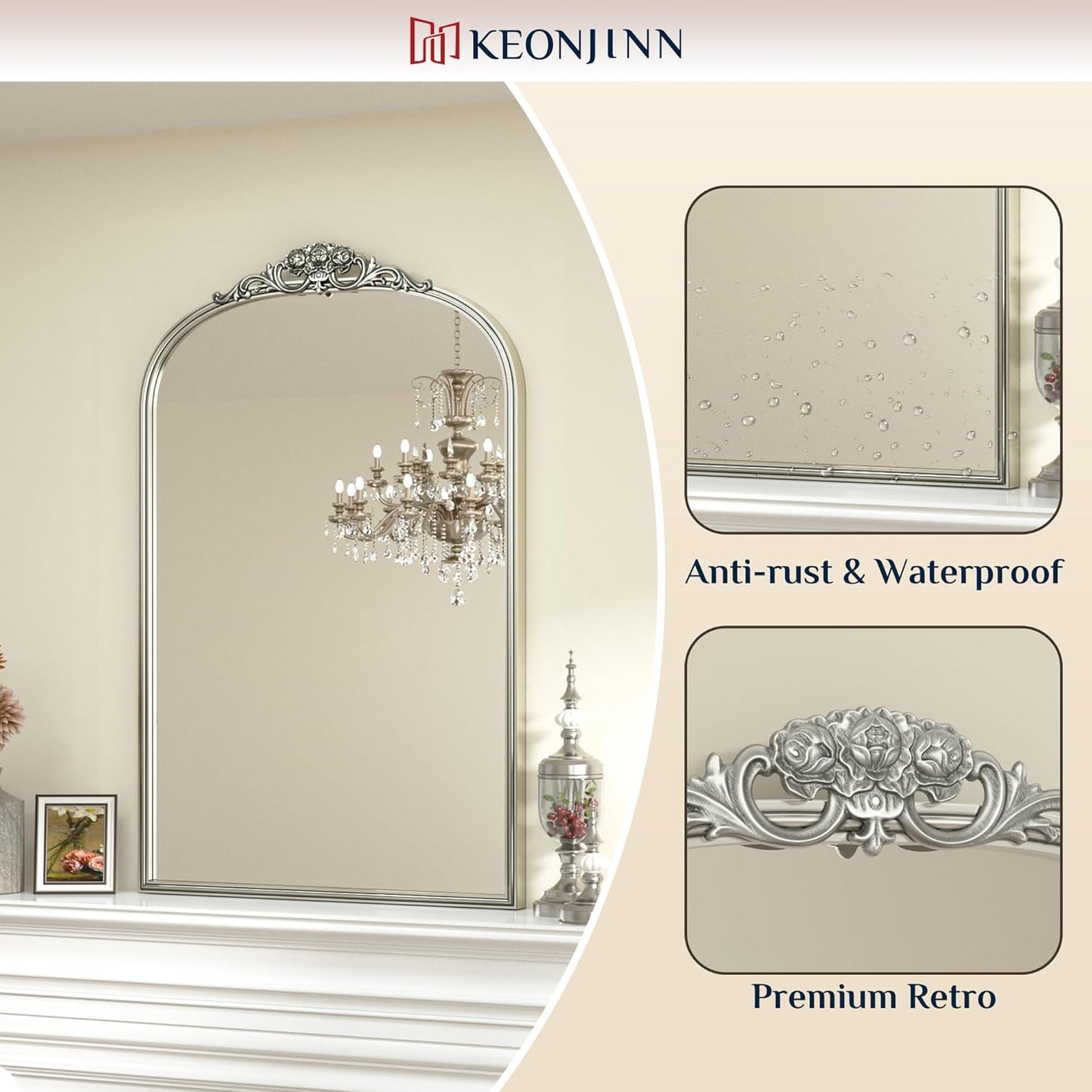 Keonjinn Vintage Mirror 30" x 36", Silver Antique Mirrors for Wall Decor, Arched Decorative Mirror for Mantle, Hallway, Living Room, Fireplace, Bedroom, Bathroom Mirror with French Cleat Mounting