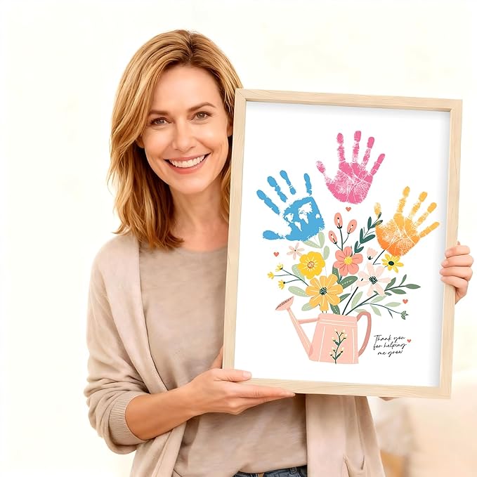 Totomogug Handprint Flower Bouquet Art Kit – 2 Large Sheets (12"x16") with Wood Frame, Non-Toxic 6-Color Inkpad, DIY Keepsake Craft Gift for Mom & Grandma for Mother's Day Birthday Thanksgiving