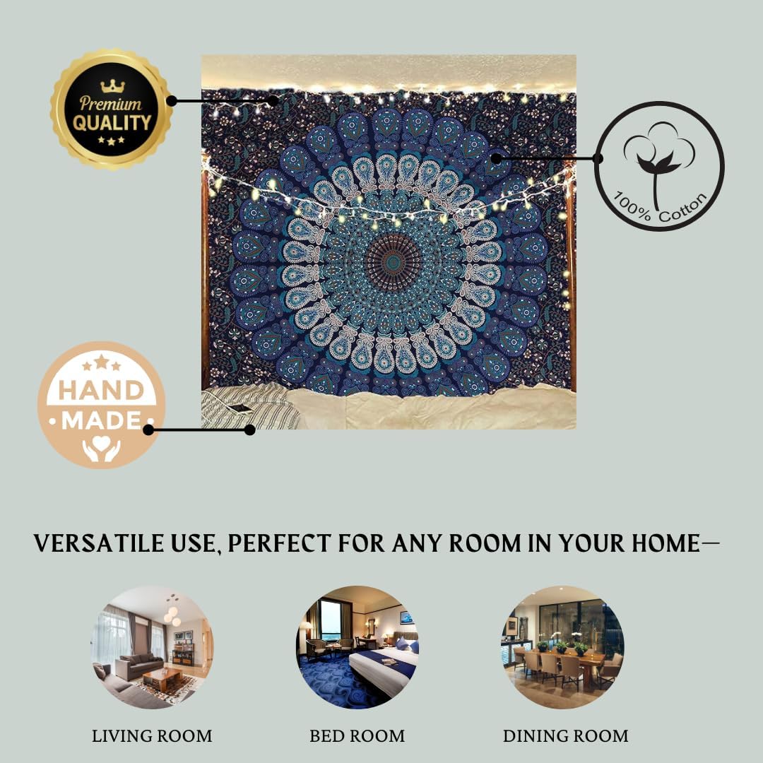 Bless International Handmade Indian hippie Bohemian Psychedelic Peacock Mandala Wall hanging College Dorm Beach Throws Table Cloth Bedding Tapestry (Golden Blue White, King(88x104Inches)(225x265Cms))