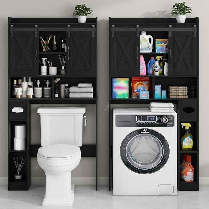 Vabches Over The Toilet Storage Cabinet, Farmhouse Storage Cabinet Over Toilet with Sliding Doors & Toilet Paper Holder Stand,Home Space-Saving Toilet Rack, for Bathroom, Laundry and Restroom.Black