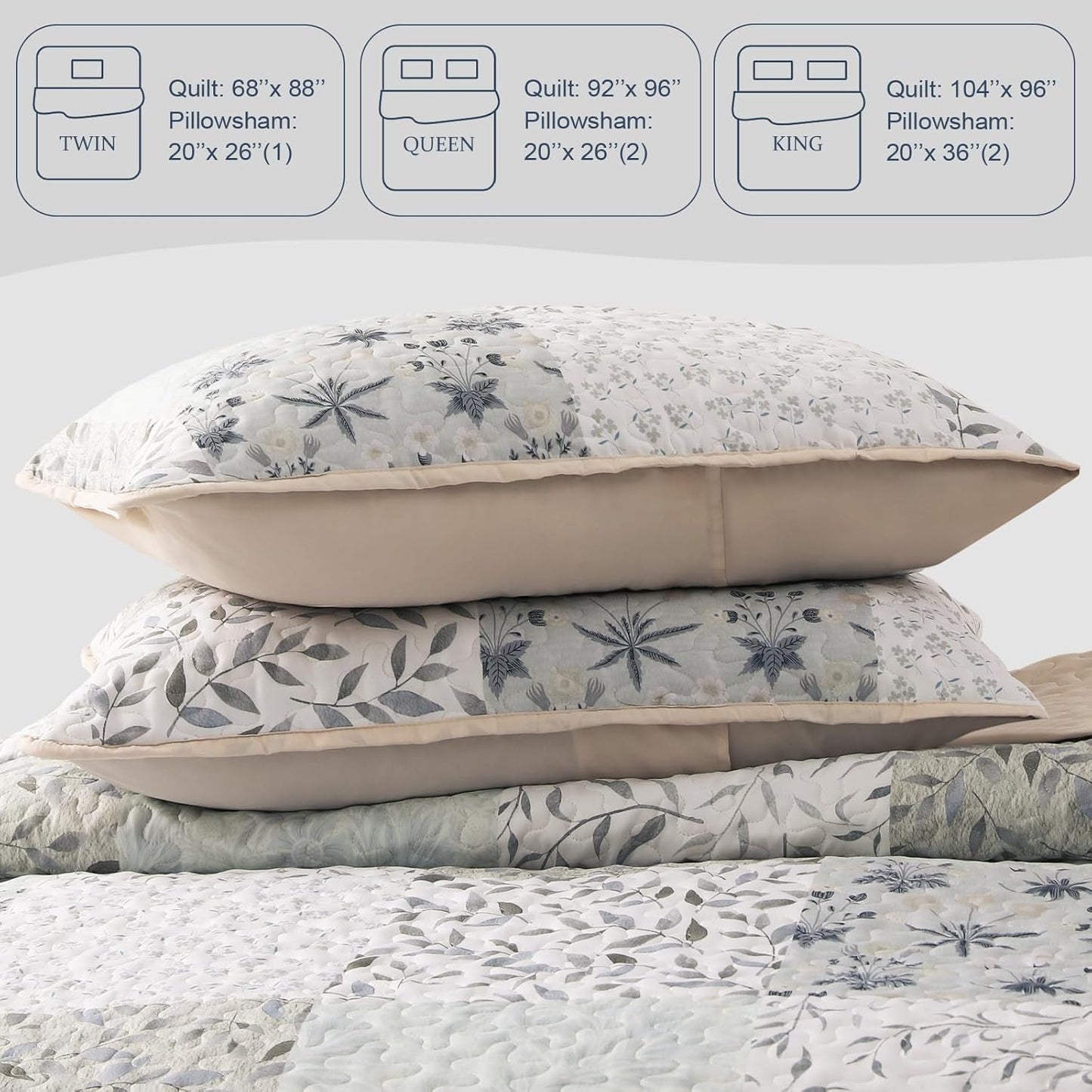 Exclusivo Mezcla Reversible Boho Quilt Set Twin Size, 2 Pieces Patchwork Gray All Season Bedspreads, Ultra Soft Floral Coverlet Bedding Set with Printed Pattern (1 Quilt, 1 Pillow Sham)