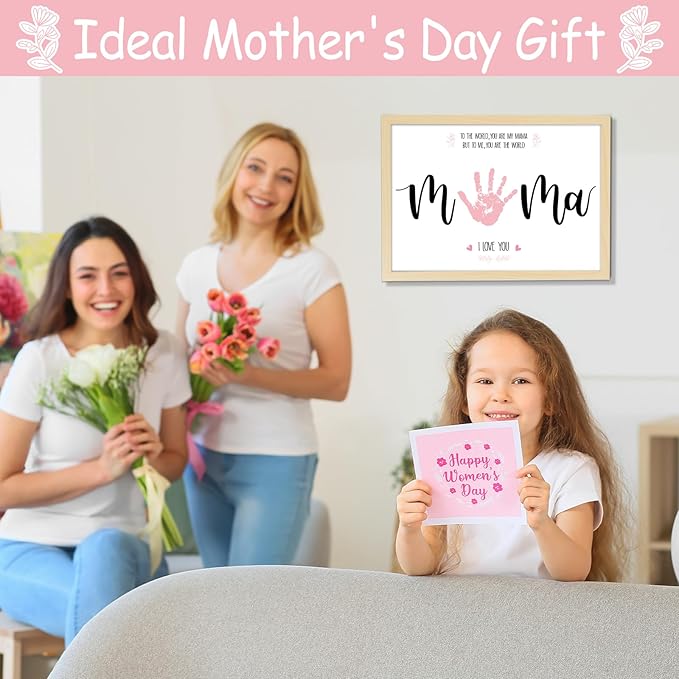 QOUBAI Mother's Day Handprint Art Craft DIY Kit Mother's Day Gifts from Daughter or Son Children Adults Handprint Keepsake with Wood Frame for Mom Grandma Birthday Holiday Activities 12x16 Inch