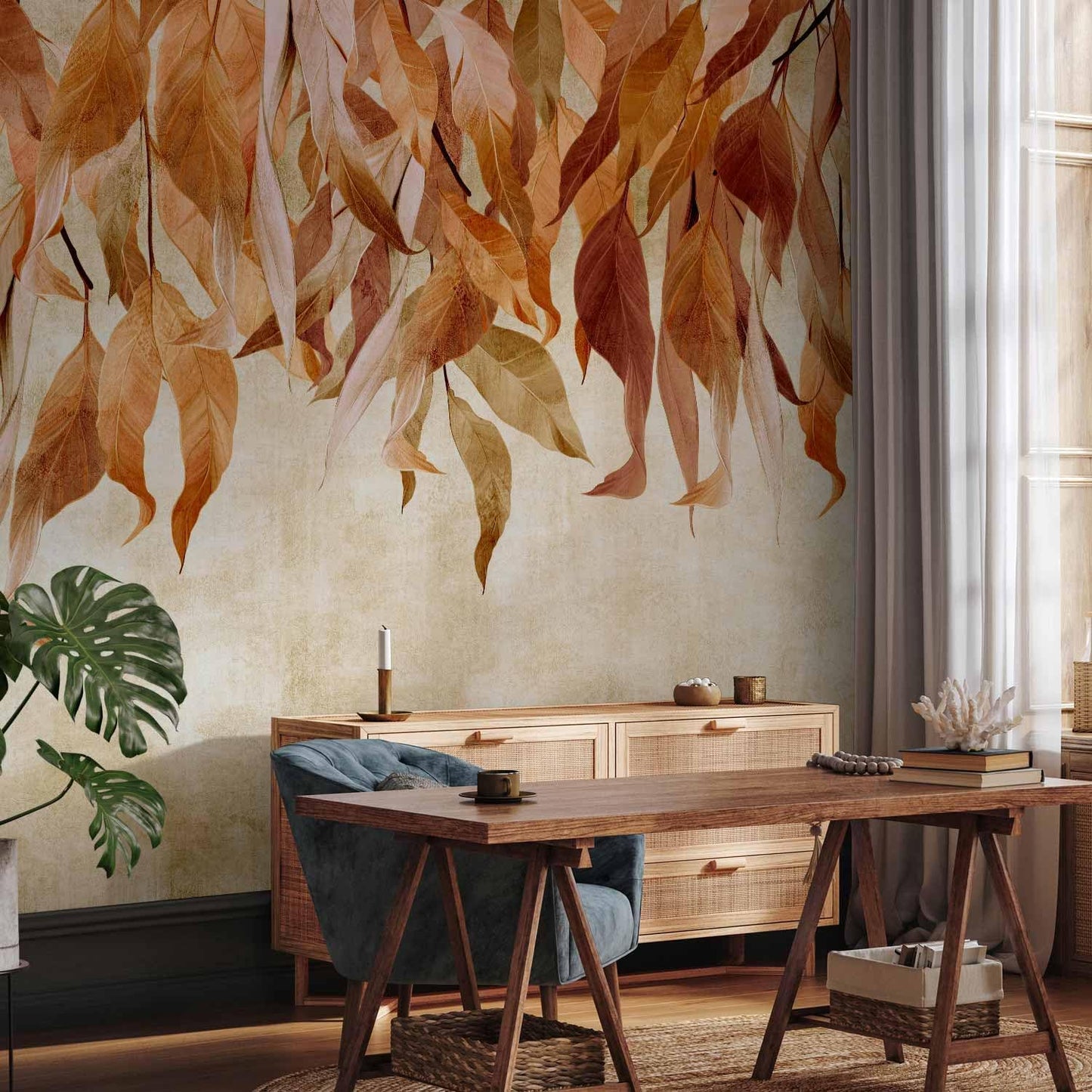 artgeist Premium Wall Mural Hanging Leaves 118x83 in - Non-Woven Wallpaper Fleece Wall Decor Photo Print Picture Image Design Nature Botanical Concrete Orange Beige b-C-10146-a-c