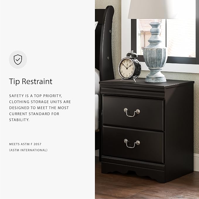 Signature Design by Ashley Huey Vineyard Traditional 2 Drawer Nightstand, Louis Phillippe Styling, Pewter Colored Handles, Shapely Mouldings, Smooth Operating Drawers, 24.45" Tall, Black