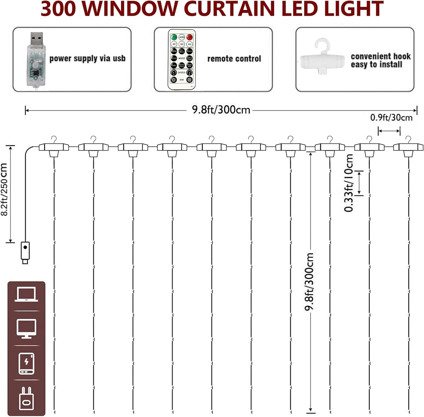 HOME LIGHTING Window Curtain String Lights, 300 LED 8 Lighting Modes Fairy Copper Light with Remote, USB Powered for Halloween Christmas Bedroom Party Wedding Home Garden Wall Decorations, Purple