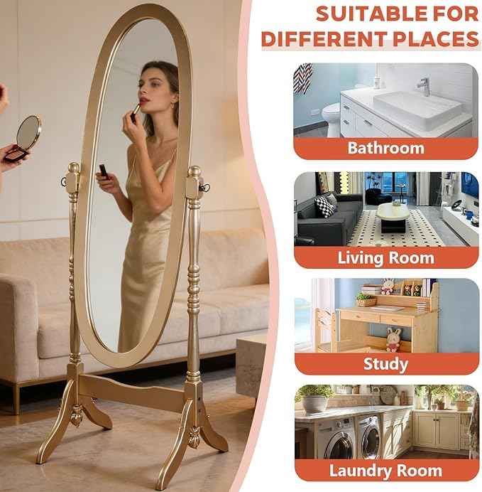 Full Length Mirror with Stand, Swivel Adjustable Oval Wood Cheval Floor Mirror, Dressing Cheval Mirror for Bedroom Livingroom, Interior Gift Idea (Gold)