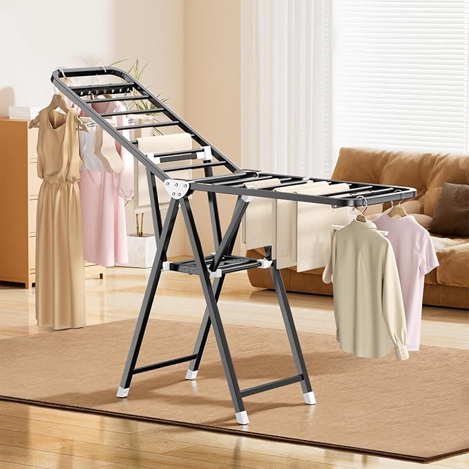 MIKEE Clothes Drying Rack,Foldable Laundry Drying Rack for Indoor & Outdoor Use,with Height-Adjustable Wings,2-Tier Clothes Rack with Windproof Hanging Holes and Wheels,132 lb