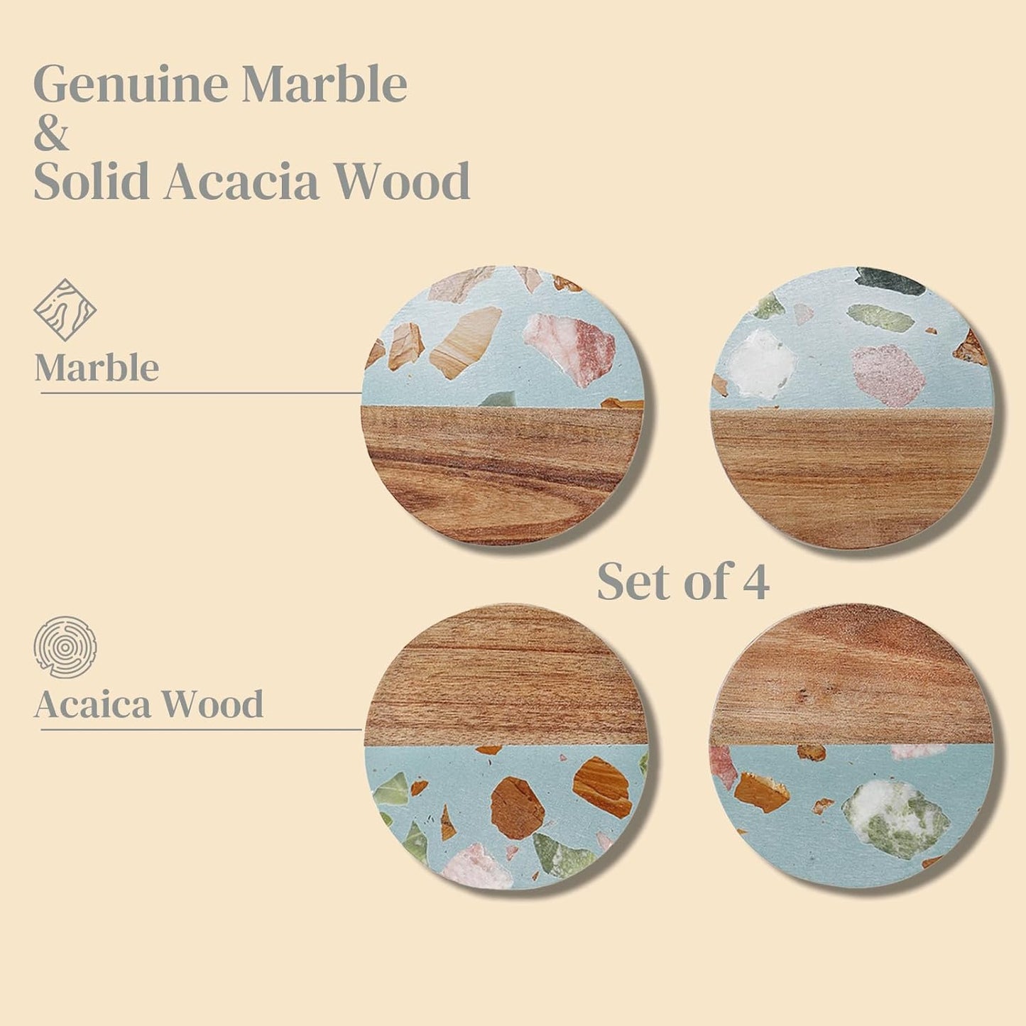 Drink Acacia Wood-Marble Coasters Set of 4,Cup Coaster for Coffee,Beverage,Cute Modern Cool Coasters for Home Decor,Table Desk Coaster Set for Housewarming,Living Room Decor (Green-Wooden)