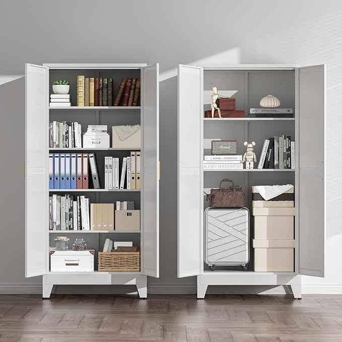 COFaR 5 Tier Metal Farmhouse Storage Cabinet with 2 Barn Door, 4 Adjustable Shelves and Legs, for Kitchen, Dining Room, Bathroom, Living Room, Office