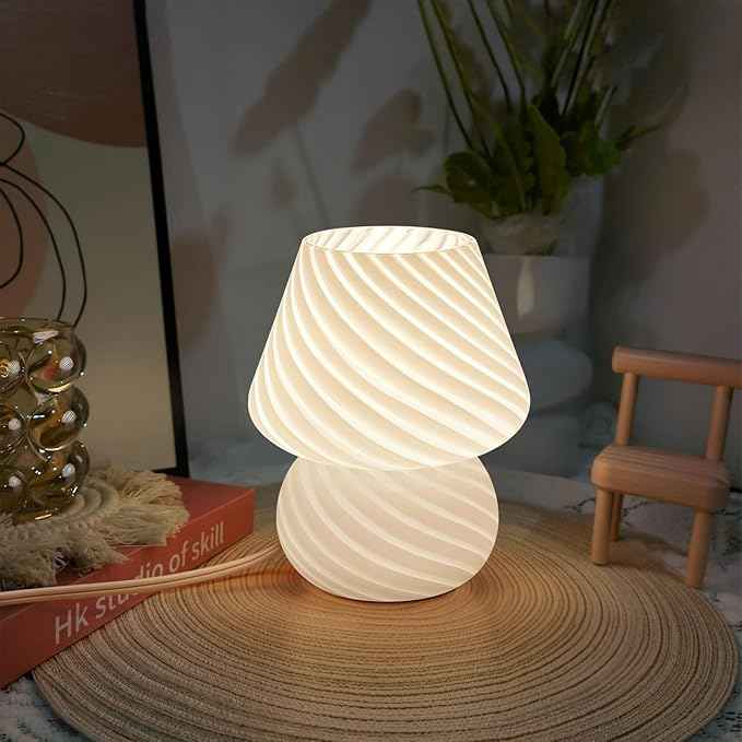 ONEWISH Mushroom Lamp-Small Bedside Table Lamp with Striped Glass, Nightstand Lamp for Bedroom, Living Room, 3000K E26 Bulb Included(White)