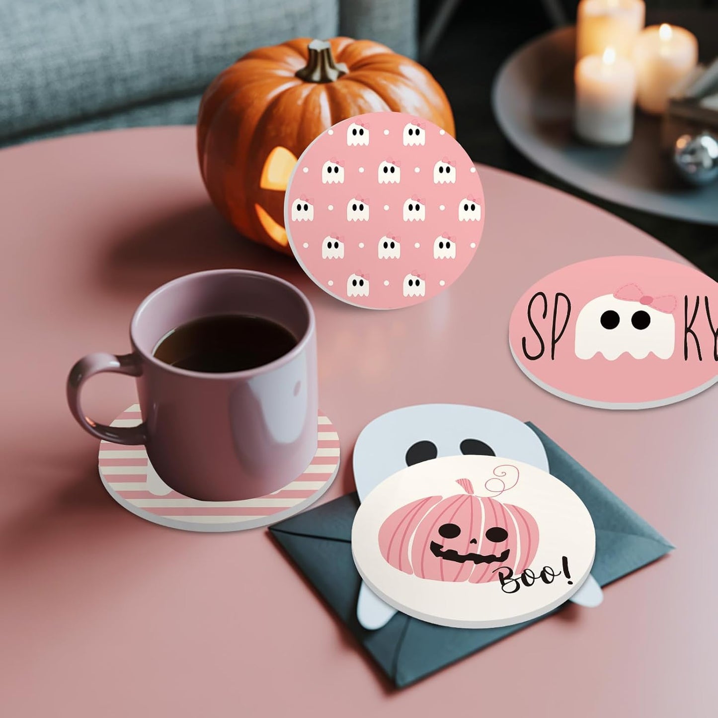 Whaline 4Pcs Halloween Ceramic Coasters Pink Ghost Pumpkin Drink Coasters Absorbent Cup Mat for Mug Cup Home Kitchen Party Table Decor