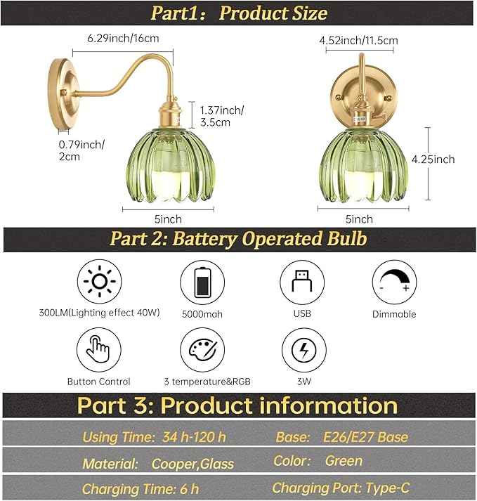 Vintage Battery Operated Wall Sconce, 5000mAh Rechargeable Wall Light, Indoor Battery Powered Wall Lamp for Bedside Bedroom Living Room, Tulip Green