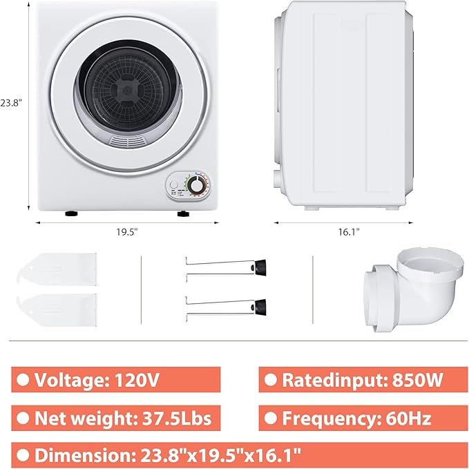 Euhomy Portable Dryer 1.5 cu. ft., 850W Powerful Clothes Dryer with Stainless Steel Drum and Exhaust Hose, Dryer Ideal for Apartments, RVs, Dorm Rooms,White