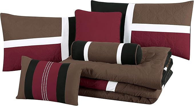 Chezmoi Collection Upland 7-Piece Quilted Patchwork Comforter Set, Burgundy/Black/Brown, California King