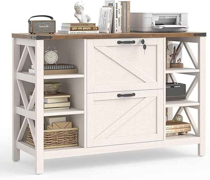 Vabches File Cabinet with 2 Drawers, Farmhouse Lateral File Cabinet Fits Files Letter/A4/Legal Size, Wooden Filing Cabinet with 4 Adjustable Shelves Printer Stand for Home Office, Rustic White
