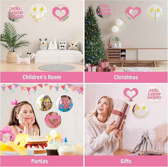 DARENYI 6 Inch Preppy Mirror Tiles for Teen Girls Room Decor, 3Pcs Round Acrylic Wall Stickers, Self Adhesive Sheets for Bathroom, Bedroom, Living Room