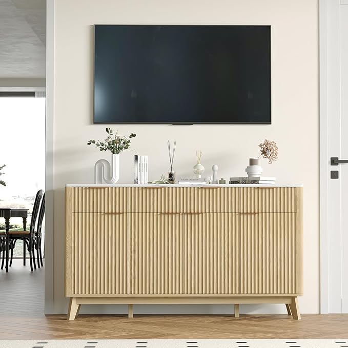 IDEALHOUSE 60" Large Farmhouse Sideboard Buffet Cabinet with Storage Drawers & Adjustable Shelves, Wood Fluted Buffet Storage Cabinet & Coffee Bar Console Table for Living Room & Kitchen Dining Room