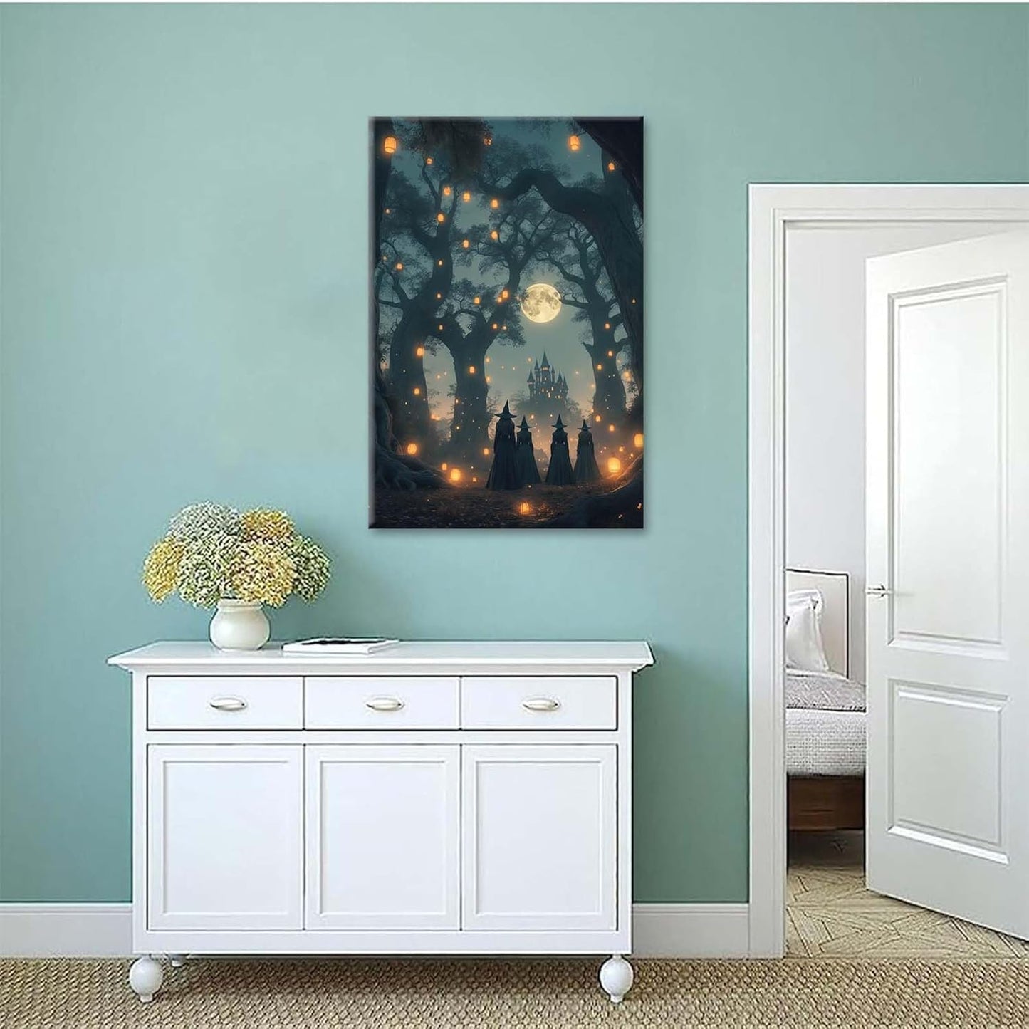 Mysterious creek painting witch and castle in magic forest art print canvas gothic print dark college decoration poster for home bedroom12x16in Wood Framed