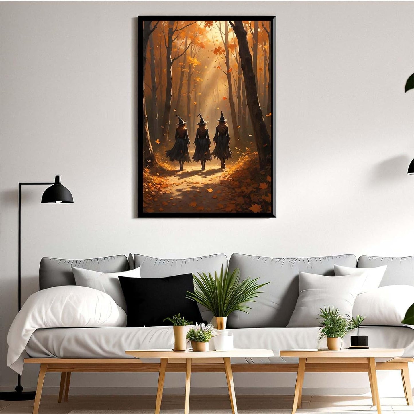 JFHCQJPK Three witches walking in the forest in autumn canvas painting gothic poster halloween print country witch wall art for home decoration12x16in Metal blackFramed